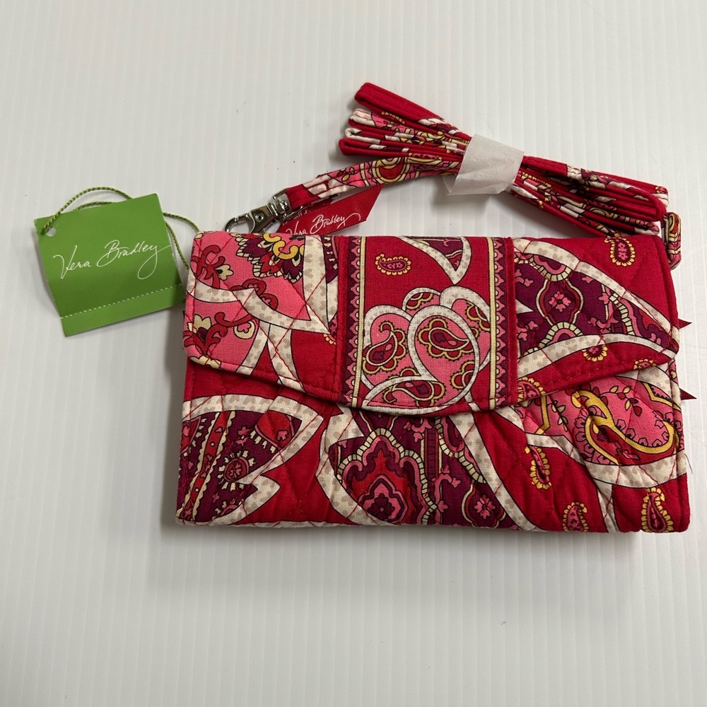 VERA BRADLEY Trifold Strap crossbody Wallet Rosy Posies  Double Zip NWT